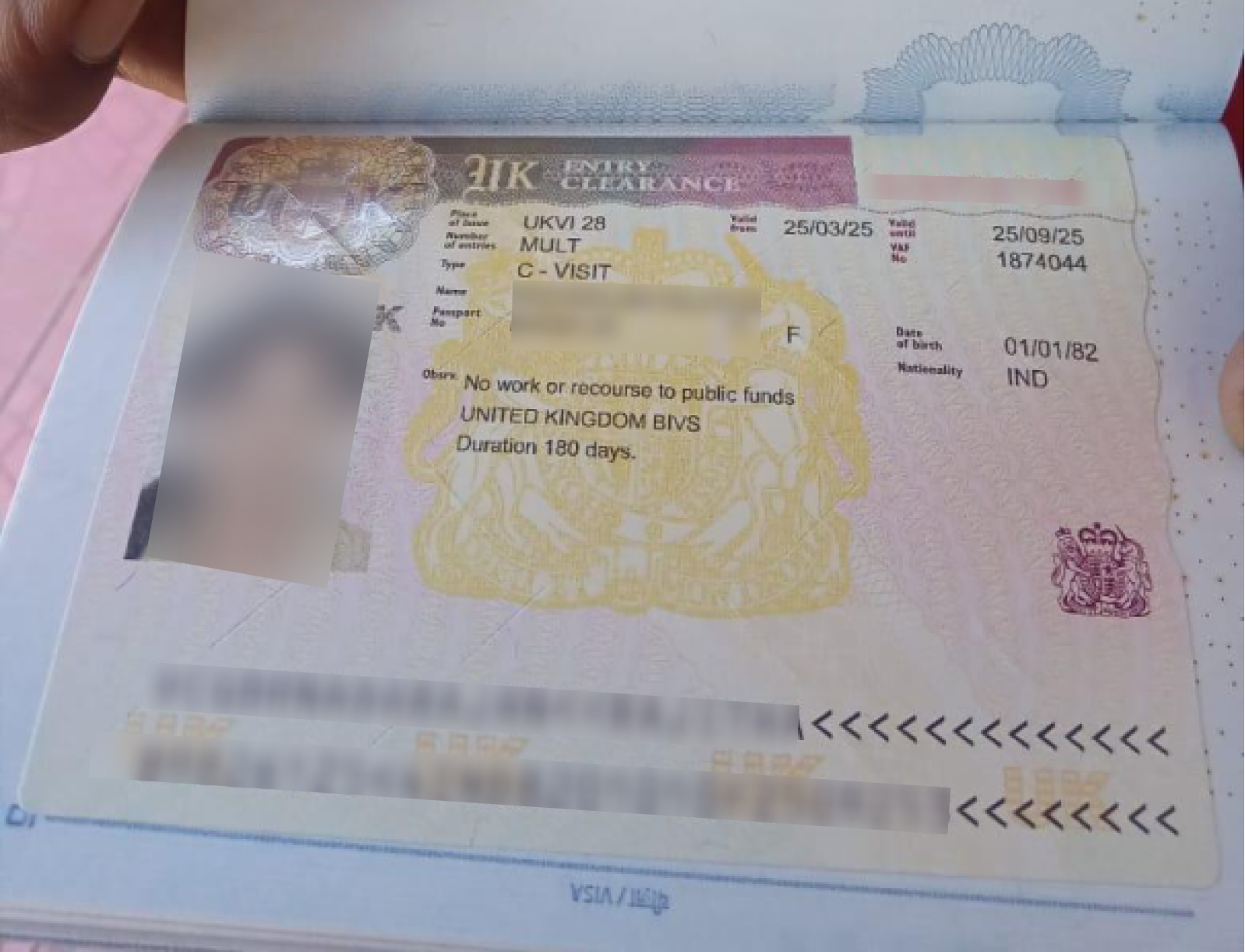 United Kingdom Entry Clearance — approved client passport (personal details redacted)