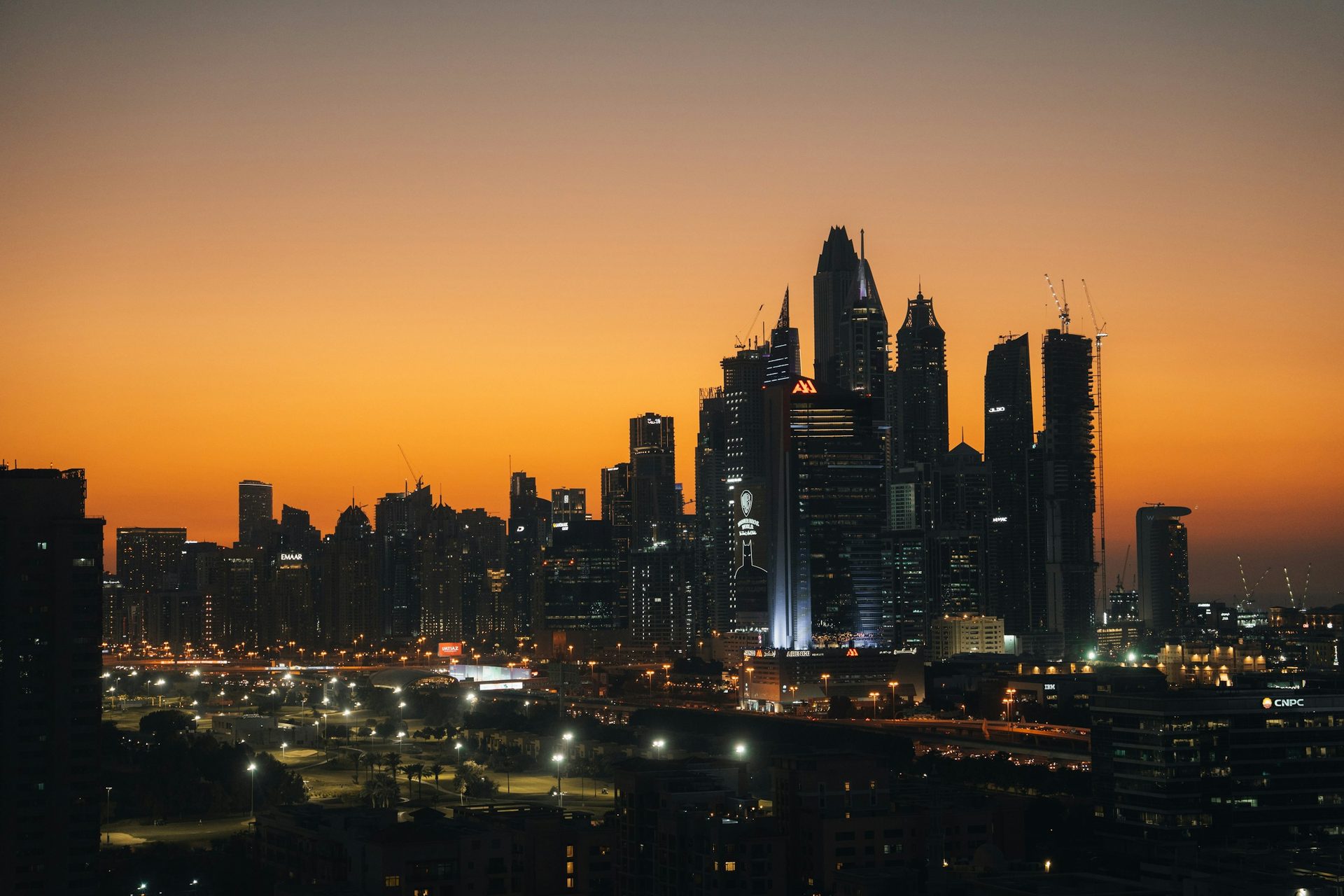 International business district skyline at dusk