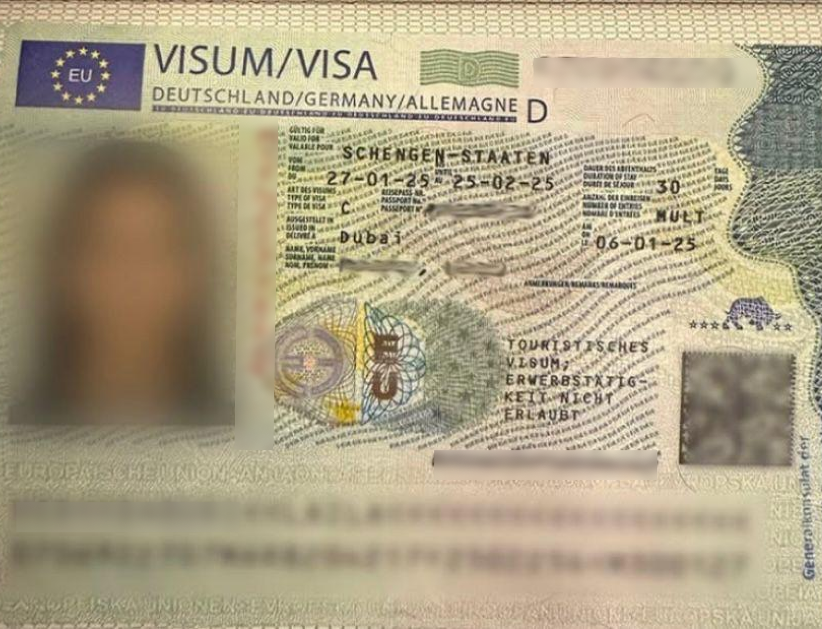 Germany Schengen Visa — approved client passport (personal details redacted)
