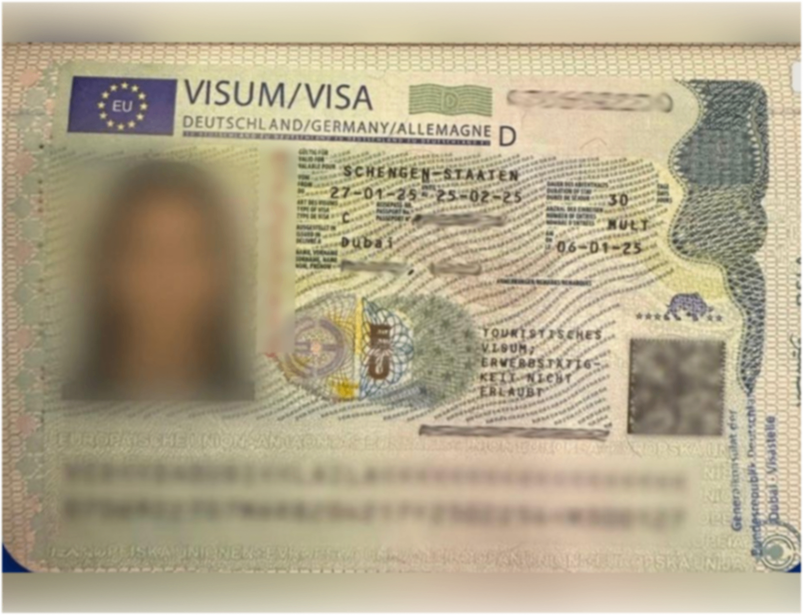 Germany Schengen Visa — approved client passport (personal details redacted)