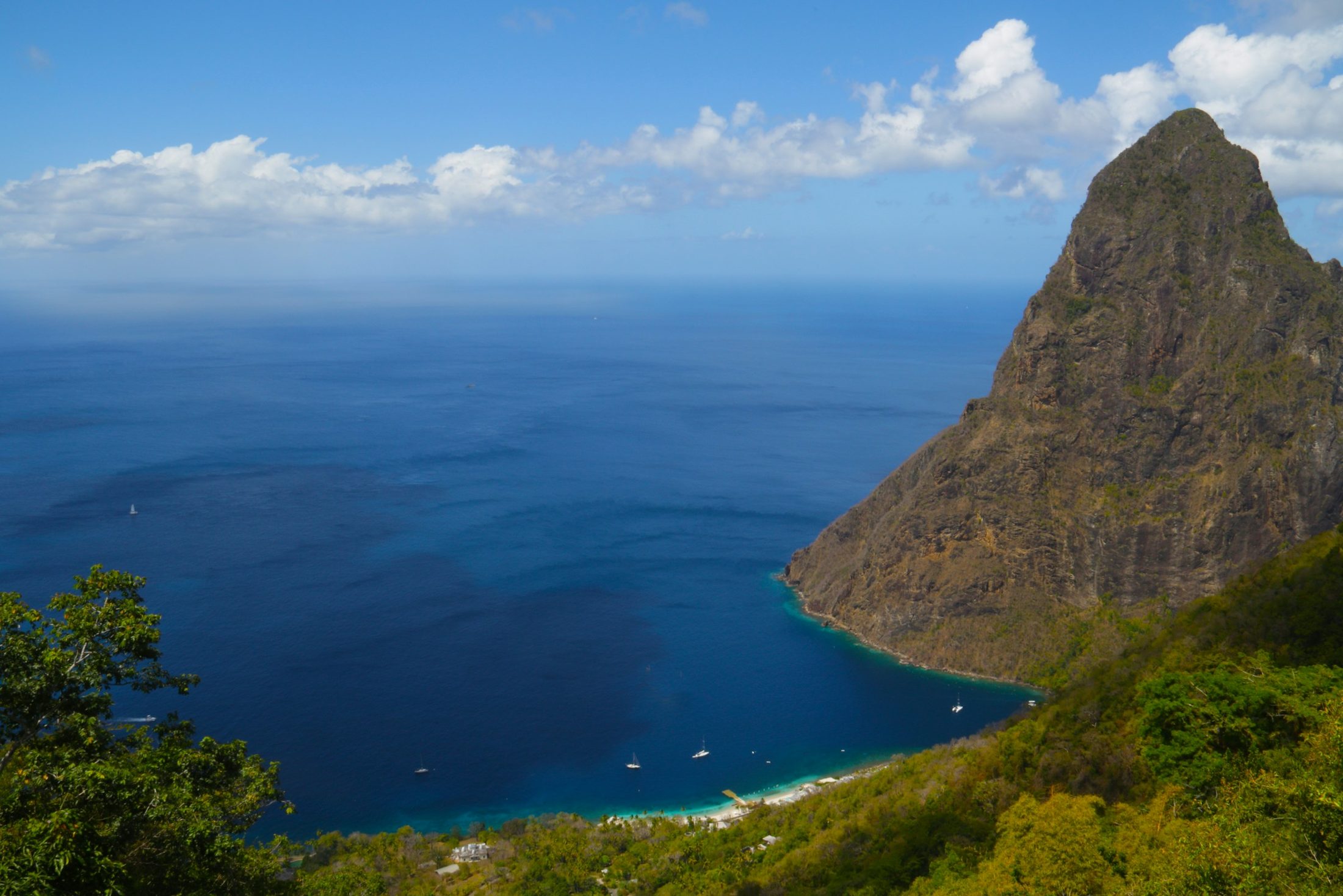 Saint Lucia's Piton rising above the Caribbean coastline