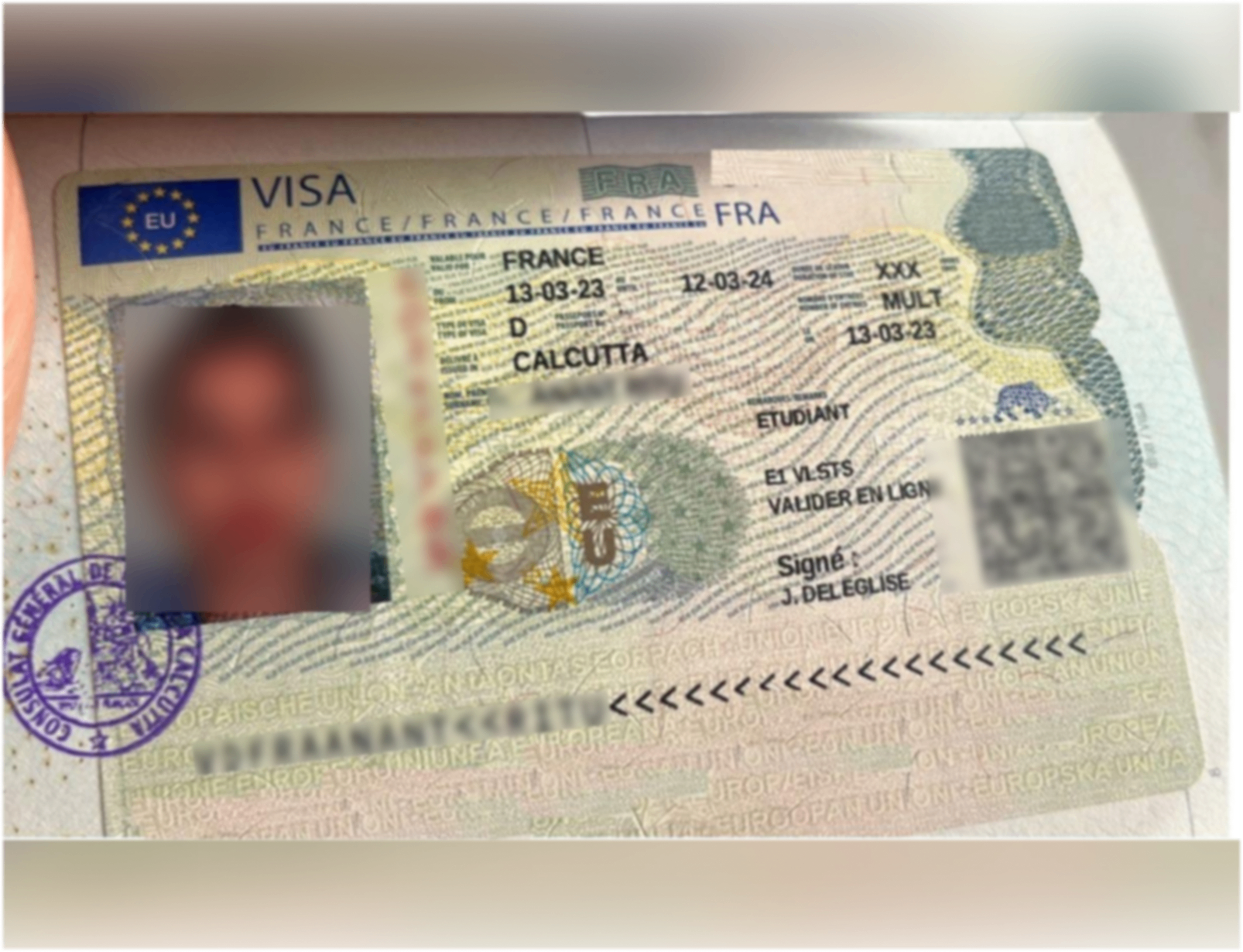 France Long-Stay Visa D — approved client passport (personal details redacted)