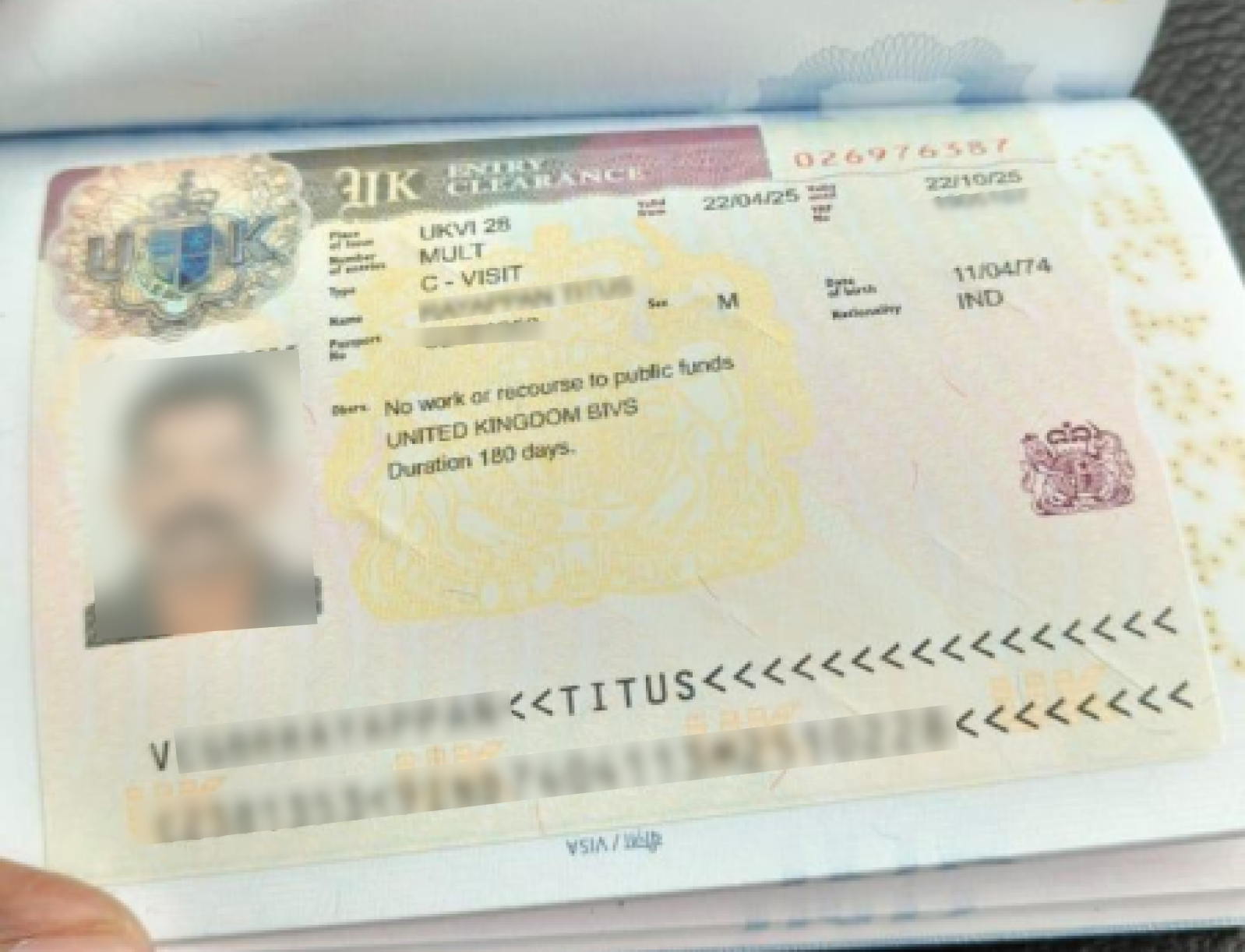United Kingdom Entry Clearance — approved client passport (personal details redacted)