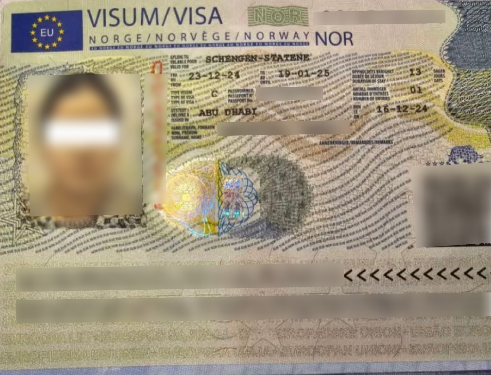 Norway Schengen Visa — approved client passport (personal details redacted)