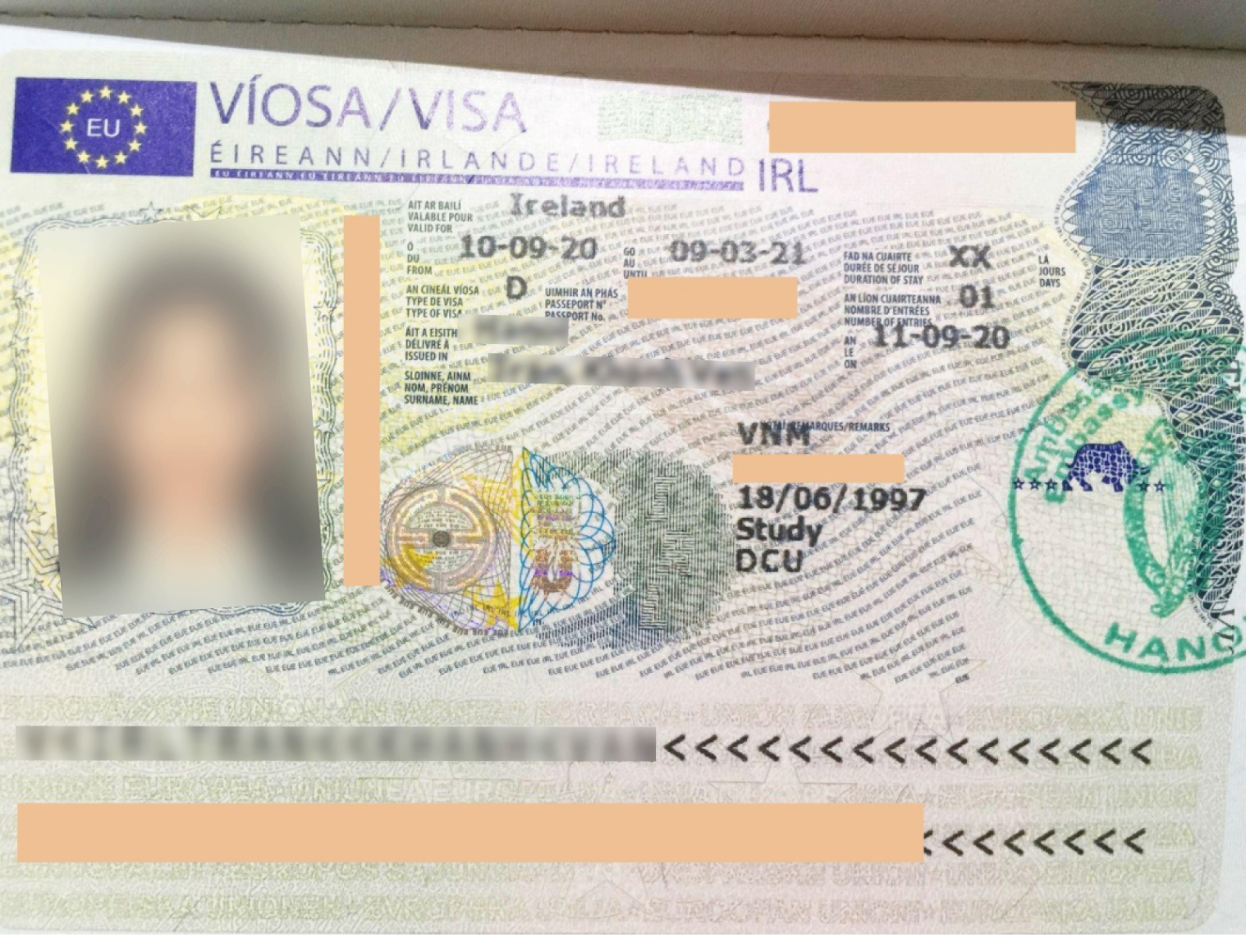 Ireland Study Visa D — approved client passport (personal details redacted)