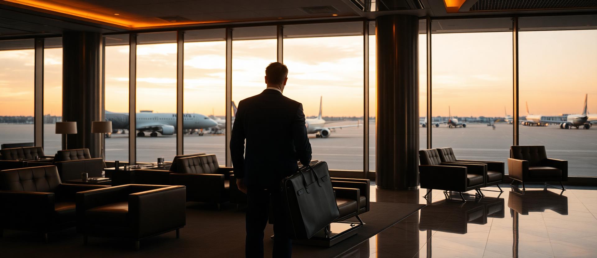 European airport terminal at dusk
