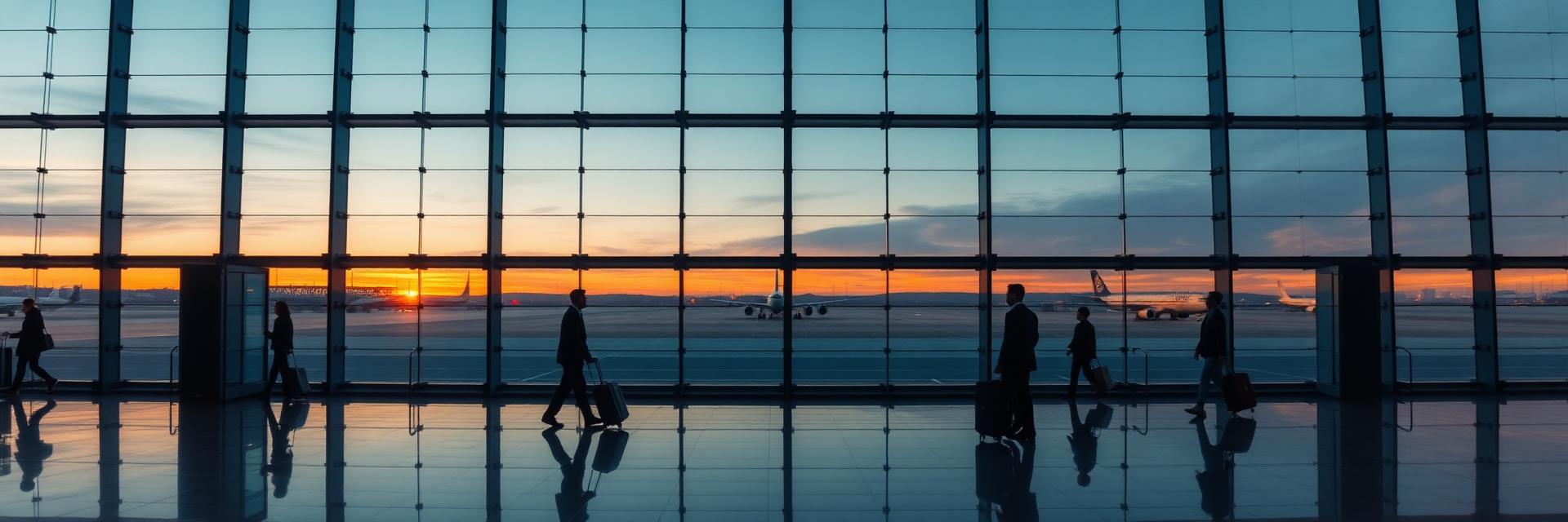 International travellers at a modern airport terminal at dawn