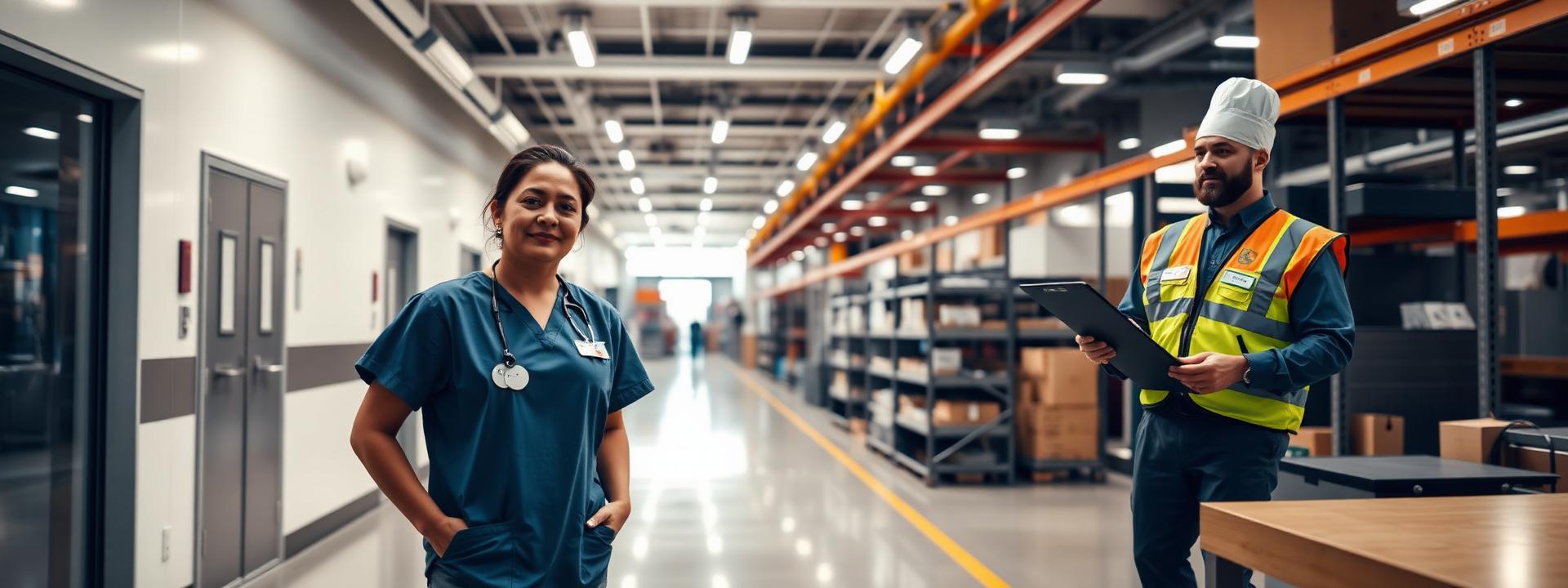 Skilled professionals at work across healthcare, logistics and hospitality