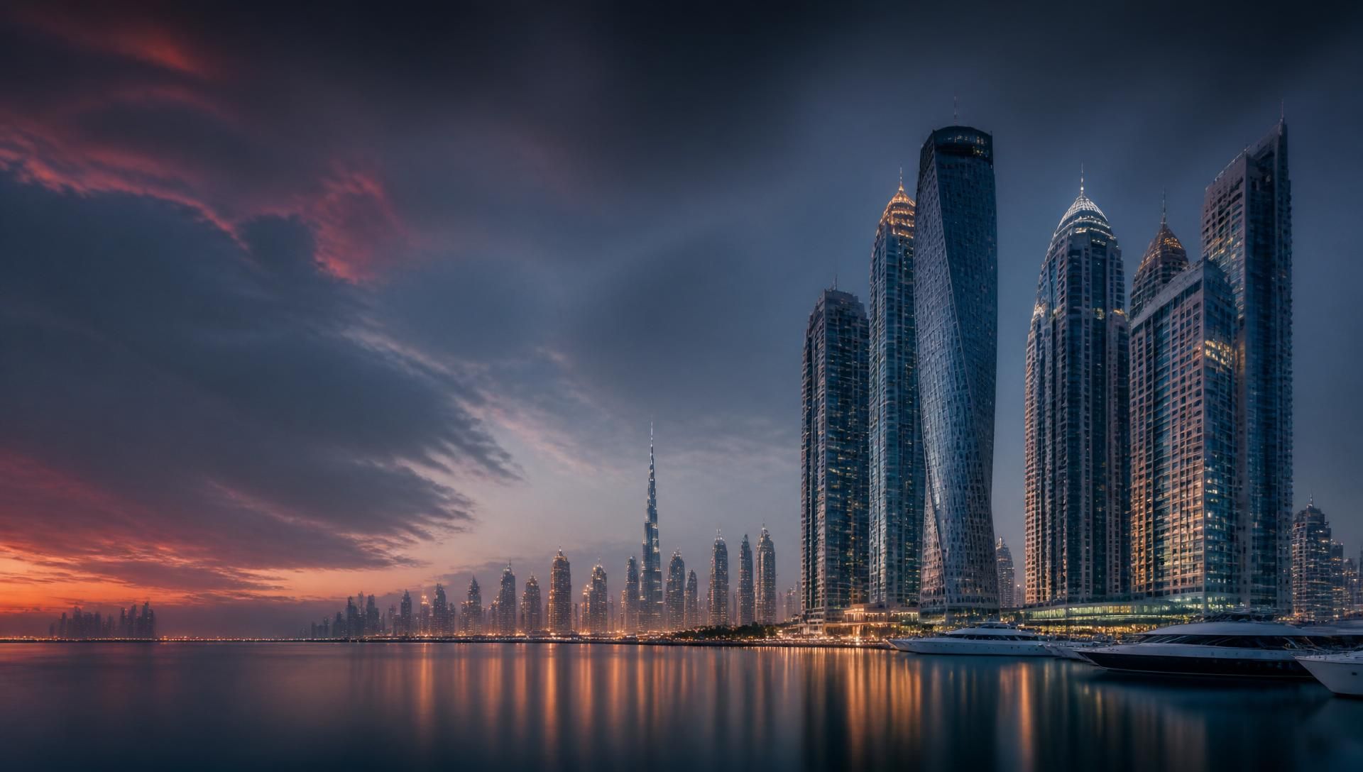 Dubai skyline at blue-hour twilight