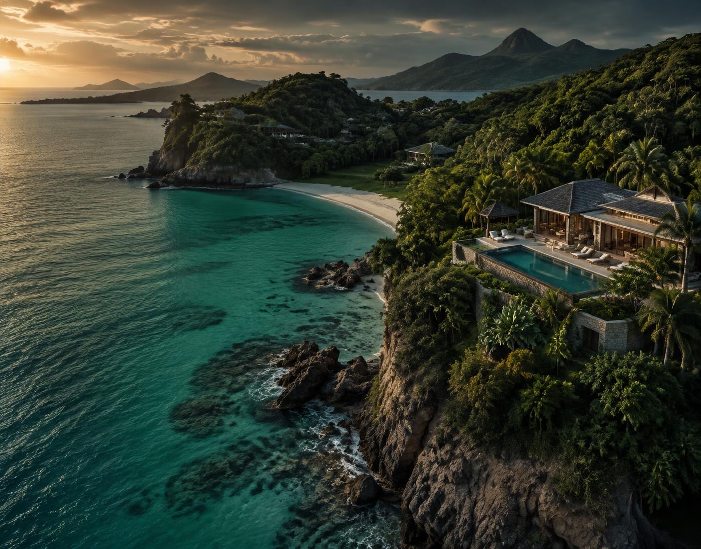Caribbean coastline and hillside residences
