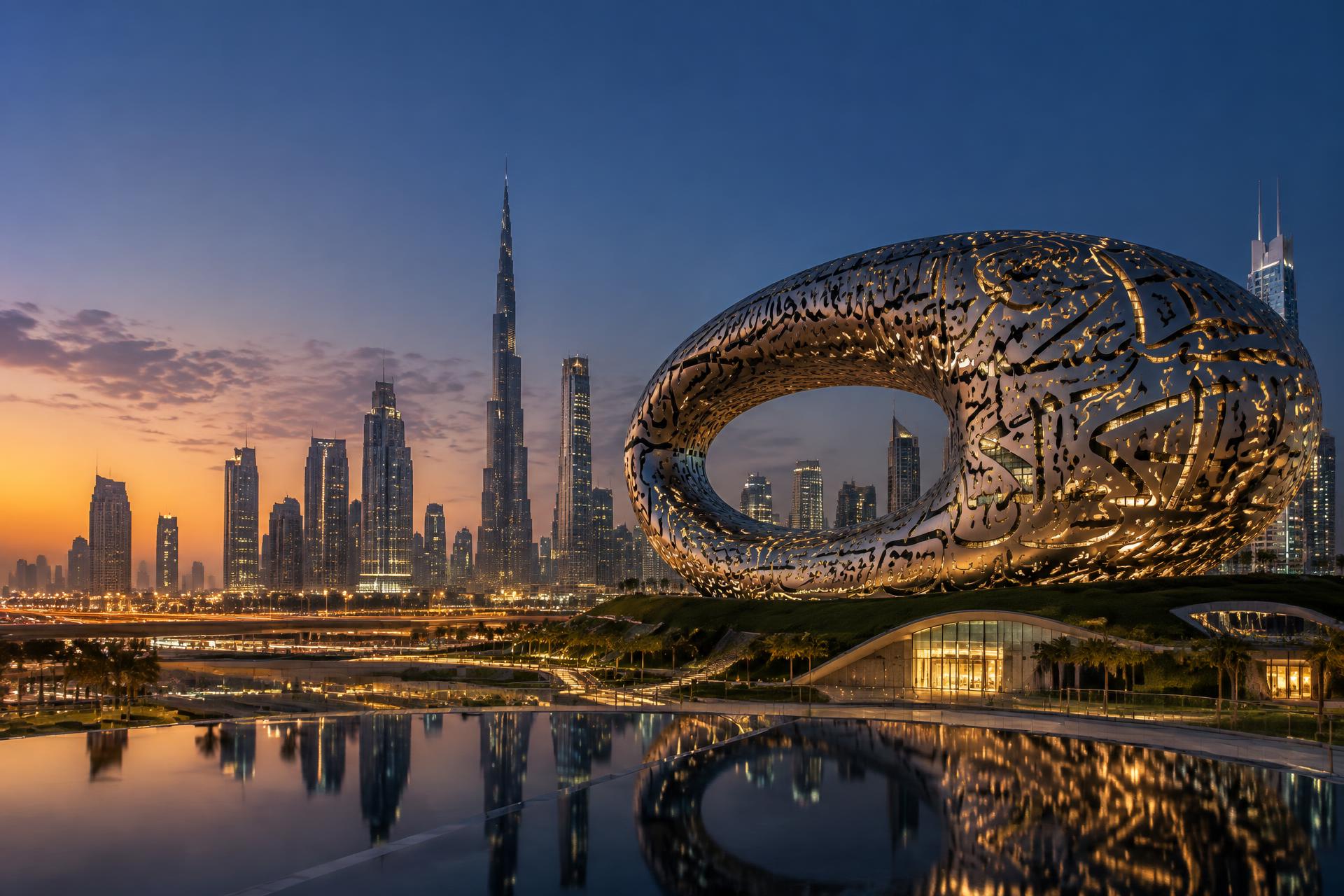 Dubai skyline and the Museum of the Future at dusk