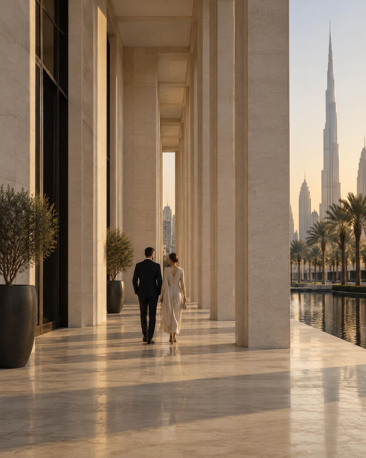 A couple walking through contemporary Dubai architecture